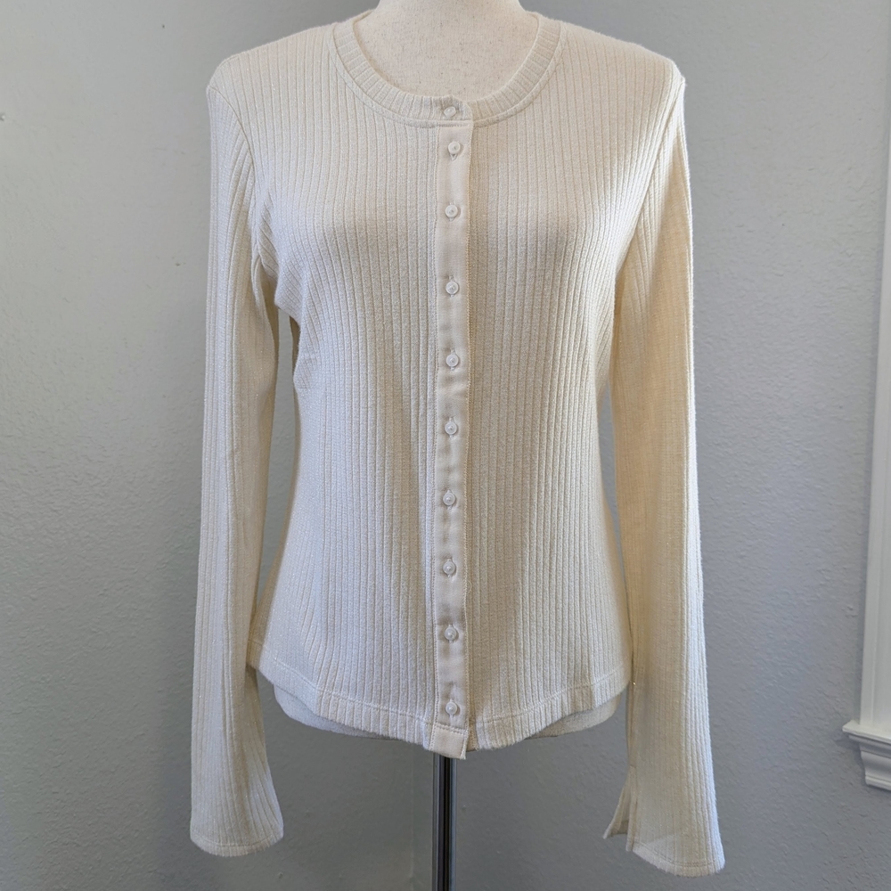 NWT Aerie Ribbed Button Up Cardigan Cream Glittery Preppy Cottagecore Vibe Large
